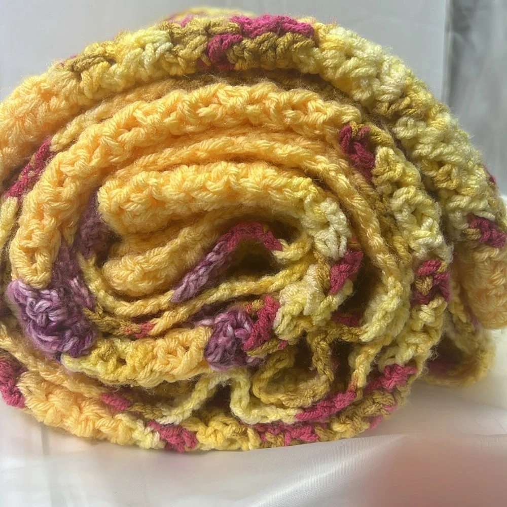 82” x 45” Hand Knit Throw Blanket Soft Yellow Purple